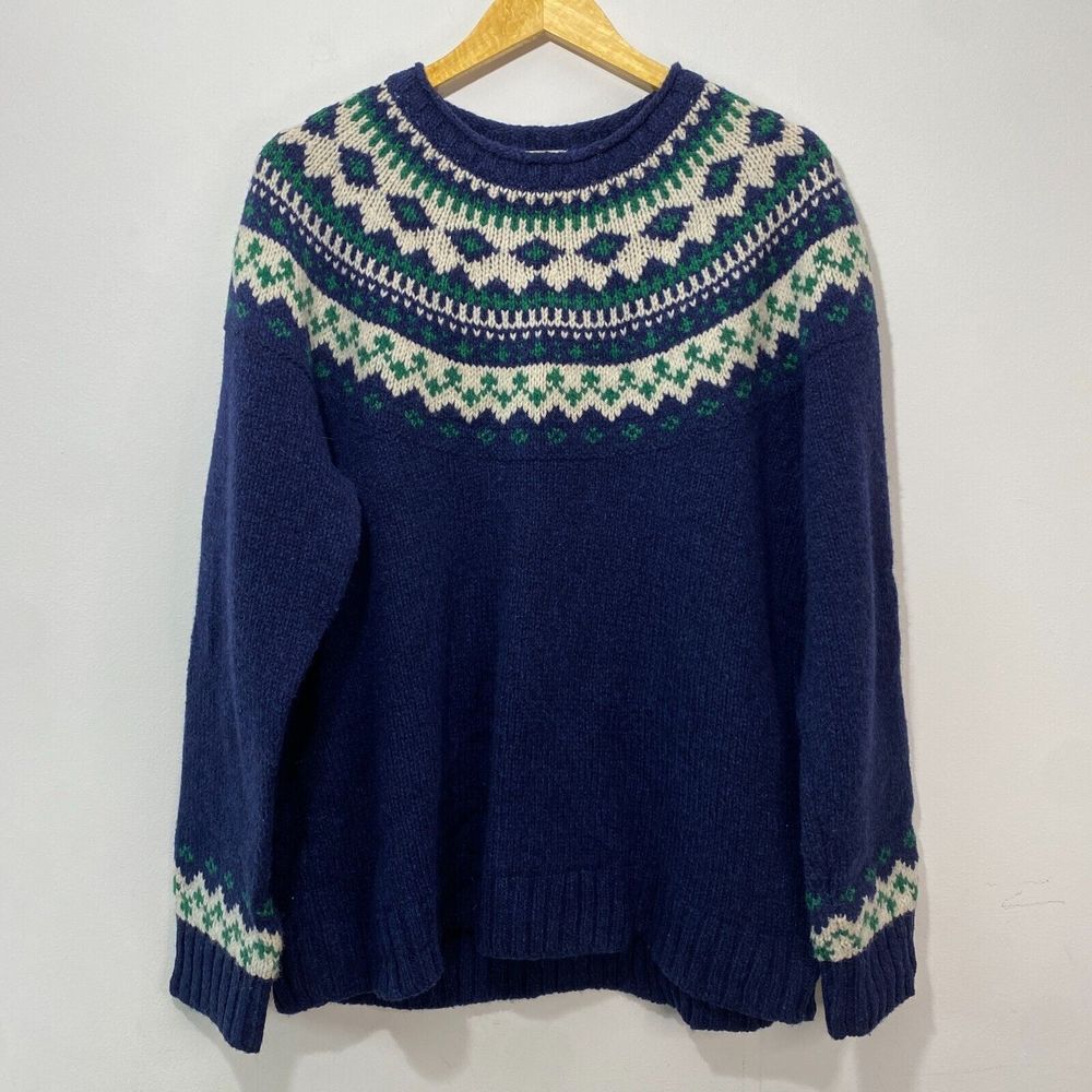 LL Bean Classic Ragg Wool Crewneck Sweater Blue Green White Fair Isle Women's XL